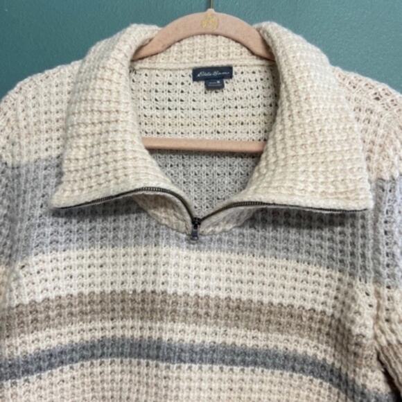 Vintage Y2K Eddie Bauer Neutral Tan Gray Stripped Half ZIP Wool Blend Sweater - Picture 7 of 11